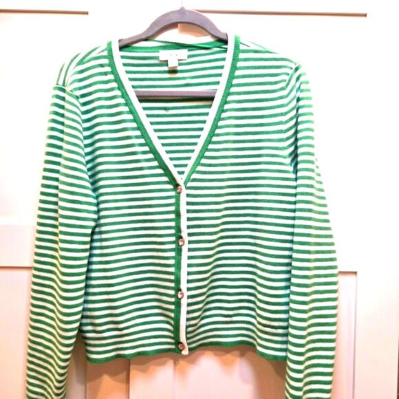 On 34th Cardigan Sweater Green & White Stripe Rhinestone buttons Size XL - Picture 1 of 7